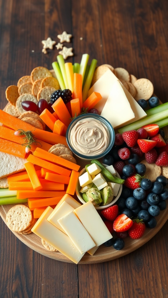 A vibrant snack platter with cheeses, crackers, fruits, and dips on a wooden table.